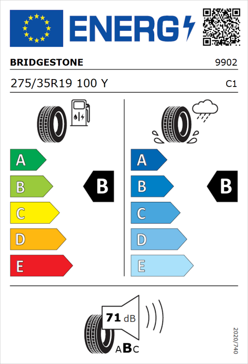 Tyre Label for Bridgestone Turanza T005 275/35R19 100Y