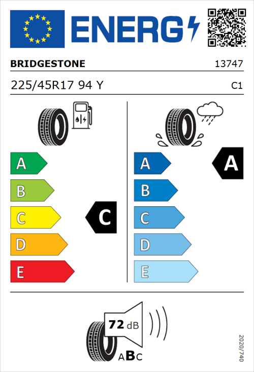 Tyre Label for Bridgestone Turanza T005 225/45R17 94Y
