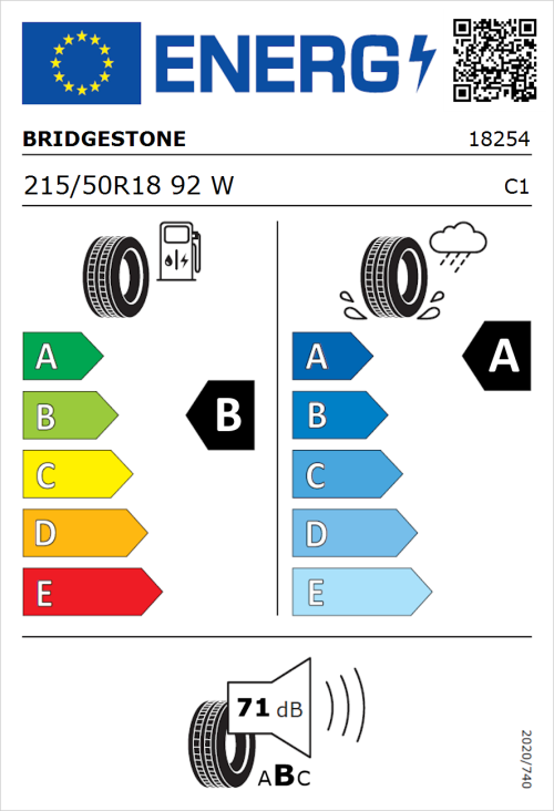 Tyre Label for Bridgestone Turanza T005 215/50R18 92W