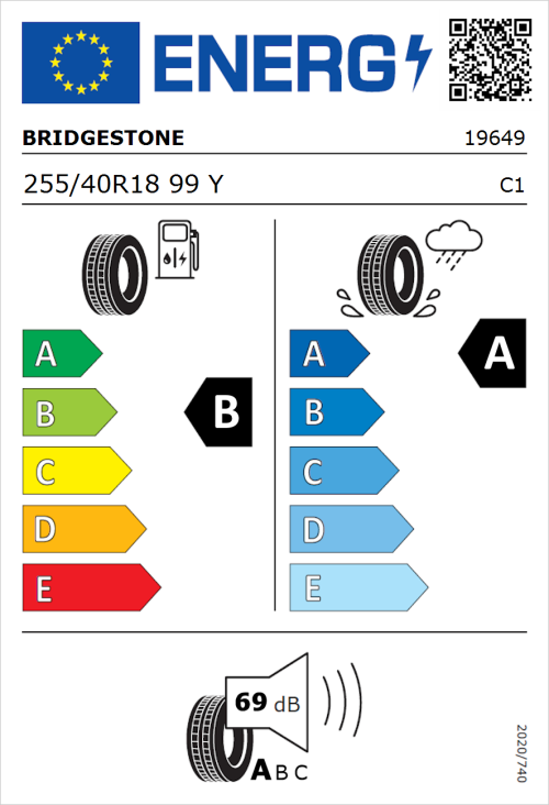 Tyre Label for Bridgestone Turanza T005 255/40R18 99Y