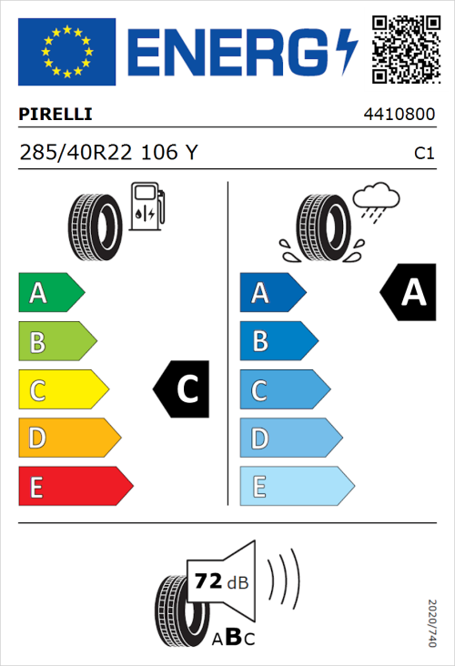 Tyre Label for Pirelli P-Zero (PZ5) 285/40R22 106Y