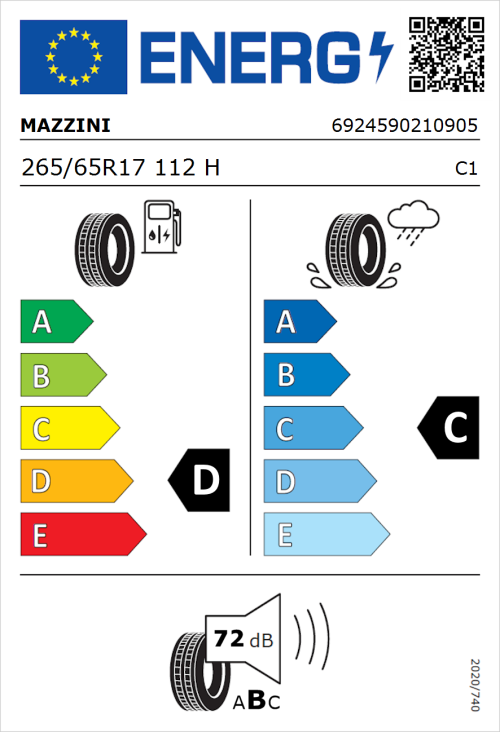 Tyre Label for Mazzini Ecosaver 265/65R17 112H