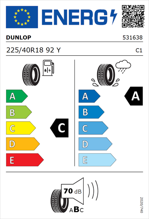 Tyre Label for Dunlop SP SportMaxx RT 225/40R18 92Y