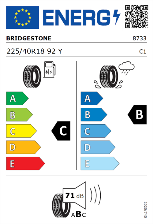 Tyre Label for Bridgestone Turanza T005 225/40R18 92Y